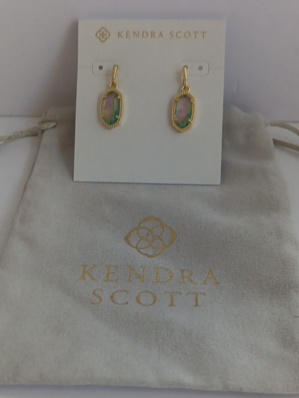 Kendra Scott Lee Gold Drop Earrings Lilac Abalone Stones + Dust Bag NWT